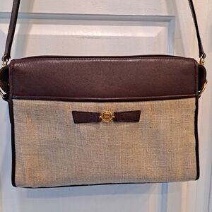 Etienne Aigner Oxblood Red Leather and Tan Jute Linen Vintage Crossbody Bag